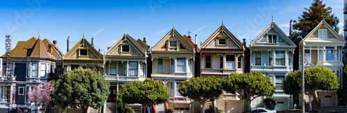The Painted Ladies of San Francisco, California, USA. View from Alamo Square at twilight, San Francisco. Victoria houses in san francisco