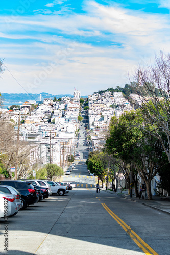 San Francisco, USA, March 30, 2020: Lombard Street, east west street in San Francisco, California famous for a steep, one block section with eight hairpin turns.