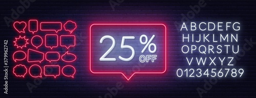 25 percent off discount neon sign. Template for a design with speech bubble frames. Neon white alphabet on brick wall background.