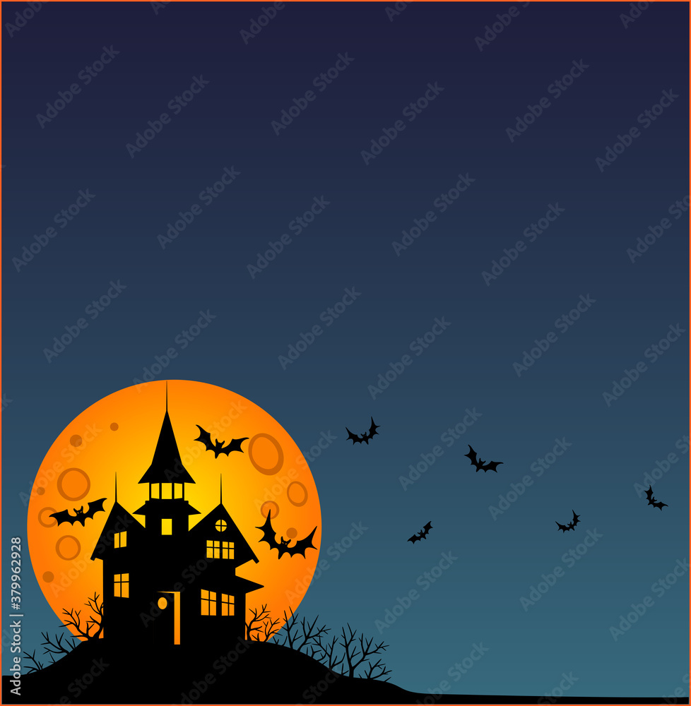 Halloween - square wallpaper - full color stock illustration. Baner, wallpaper or flyer with copy space, Scary mansion, full moon and bats. Halloween illustration with an abandoned creepy house.