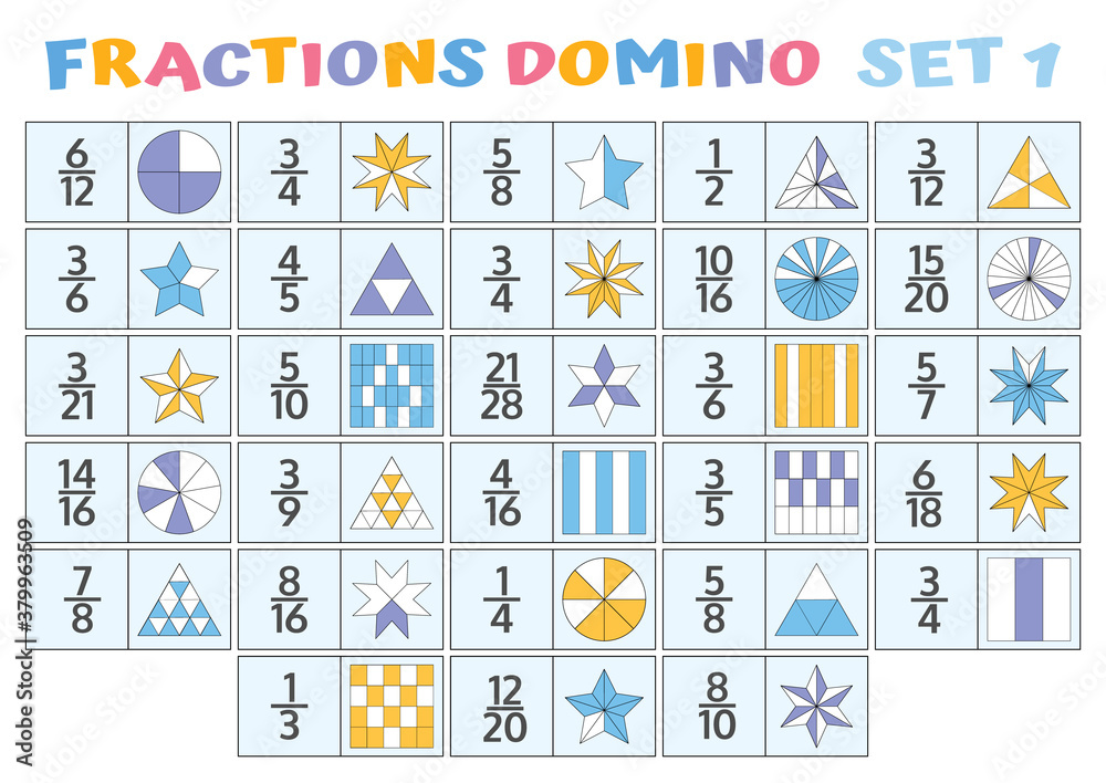 Fractions Domino Mathematical Puzzle. Math Game. Fractions Domino Mathematical Puzzle. Math Game.