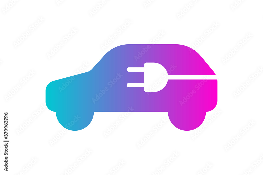Fototapeta premium Electric car icon. Electrical plug in automobile silhouette gradient symbol. Eco friendly electric auto vehicle charging station logo concept. Vector eps electricity transport illustration