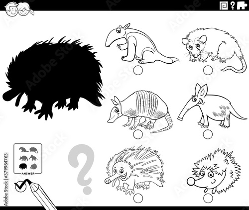 shadows game with cartoon wild animals coloring book page