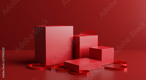 cosmetics stand in red backdrop background,3d rendering design