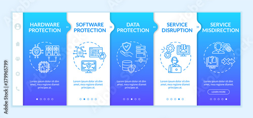Devices protection and computer security onboarding vector template. Software, hardware. Service disruption. Responsive mobile website with icons. Webpage walkthrough step screens. RGB color concept