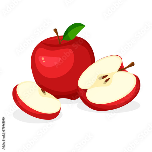 Set of fresh whole, half, cut slice and piece of red apple isolated on white background. Vegan food vector icons in a trendy cartoon style. Healthy concept.	