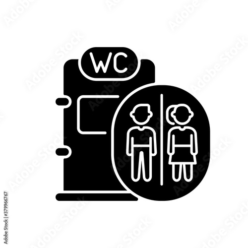 Onboard train toilet black glyph icon. Railway passenger transportation, railroad travel service silhouette symbol on white space. Male and female lavatory in train vector isolated illustration