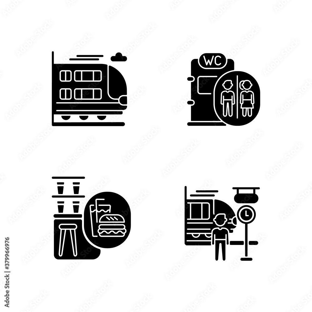 Railway services black glyph icons set on white space. Bilevel rail car ...