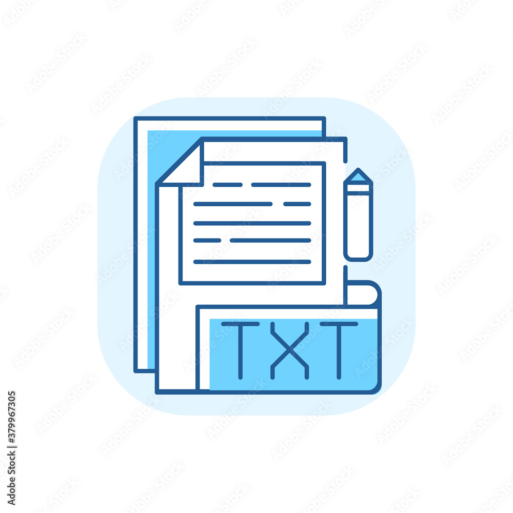 TXT file blue RGB color icon. File extension. Simple text editors. Information storing. Plain text without formatting. Universal platform files. Unformatted documents. Isolated vector illustration TXT file blue RGB color icon. File extension. Simple text editors. Information storing. Plain text without formatting. Universal platform files. Unformatted documents. Isolated vector illustration
