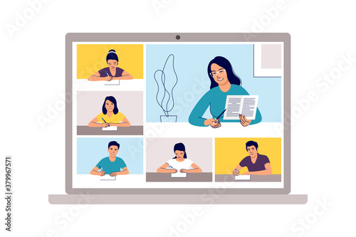 Online class. School learning, study from home teleconference or web video conference call. Emergency school, college test or course element. Vector illustration.