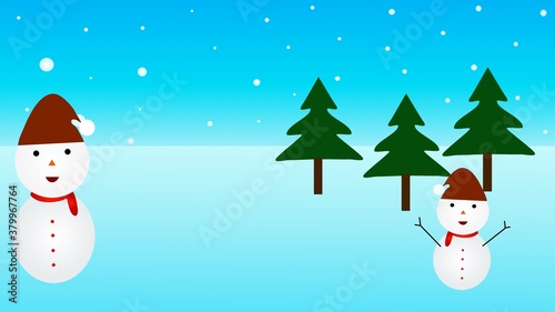 Christmas in the blue tone. Two snowman ware a Santa's hat and the tree on background. Happy and fun on Christmas.
