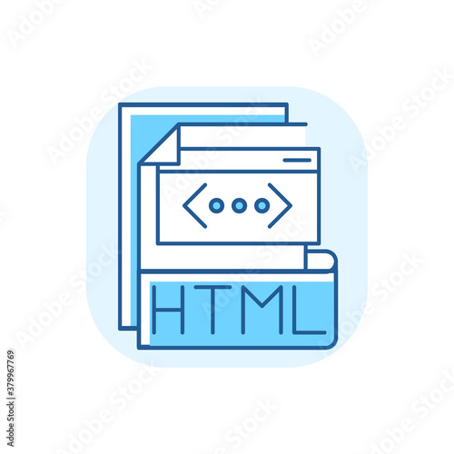 HTML file blue RGB color icon. Hyper text markup language. Htm file extension. Browser instructions. Text file with small markup tags. Formatting, hyperlinks. Isolated vector illustration