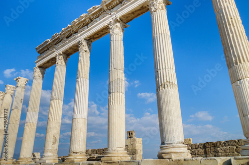 Close up view onto street colonnade in Laodicea, ancient city near Denizli, Turkey. All columns made in Corinthian order. City is included in UNESCO World Heritage Tentative List