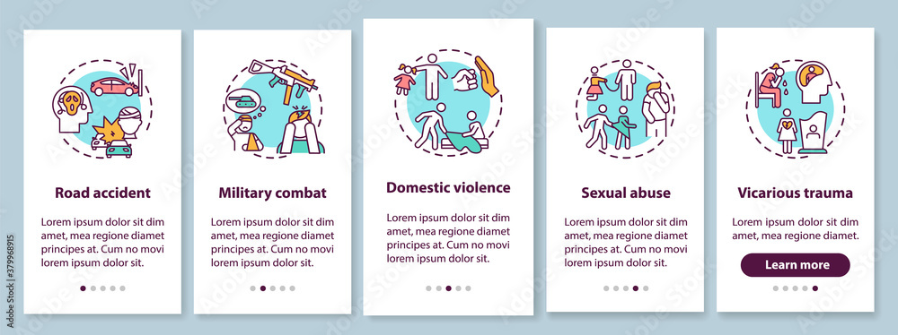 Posttraumatic stress causes onboarding mobile app page screen with concepts. Road accident, sexual abuse walkthrough 5 steps graphic instructions. UI vector template with RGB color illustrations
