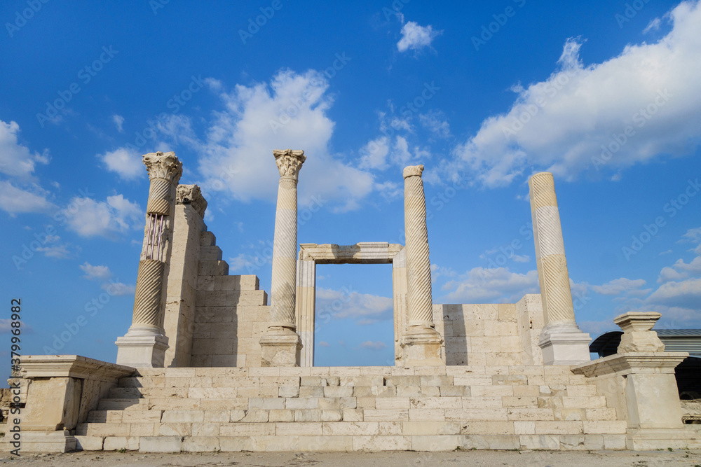 Facade of antique temple in Laodicea, ancient city near Denizli, Turkey. Columns made in Corinthian style. Temple built near former Nymphaeum. City is included in UNESCO Tentative List