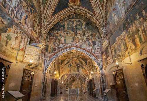 Subiaco, Italy - main sight of Subiaco and one of the most beautiful Benedictine monasteries in the World, the Sacro Speco Monastery displays amazing frescoes. Here in particular its interiors