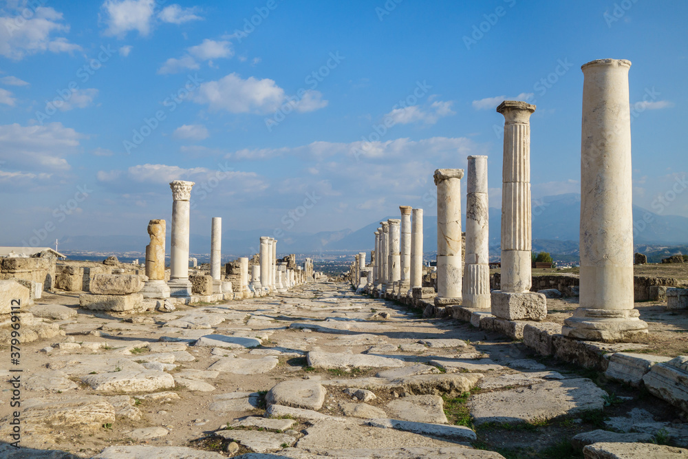 Empty colonnaded street (ancient name was Syria street) in antique city Laodicea, near Denizli, Turkey. All columns made in Corinthian order. City included in Tentative List of UNESCO