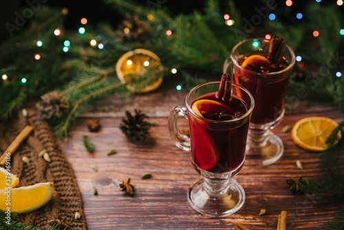 mulled wine in glasses on the table with Christmas decor