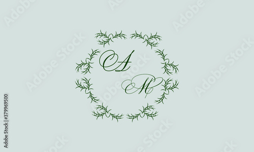 Decorative botanical logo with one or two letters (A, M). Elegant floral monogram for wedding, invitation, label, business.