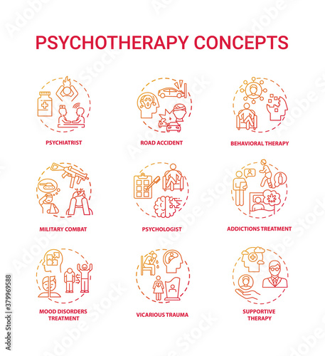 Psychotherapy concept icons set. Mental health treatment idea thin line RGB color illustrations. Vicarious trauma. Military combat. Supportive, behavioral therapy. Vector isolated outline drawings