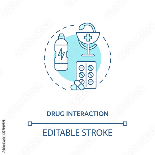 Drug interaction concept icon. Medication taking idea thin line illustration. Energy drinks side effects. Possible toxicity. Vector isolated outline RGB color drawing. Editable stroke