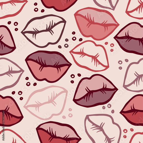 Vector seamless abstract pattern of lined ornamental lips in pastel pink and red