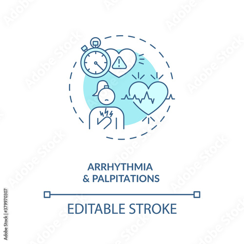 Arrhythmia and palpitations concept icon. Energetics side effect idea thin line illustration. Tachycardia. Cardiovascular disease risk. Vector isolated outline RGB color drawing. Editable stroke