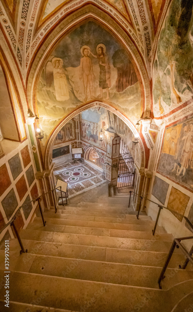 Fototapeta premium Subiaco, Italy - main sight of Subiaco and one of the most beautiful Benedictine monasteries in the World, the Sacro Speco Monastery displays amazing frescoes. Here in particular its interiors