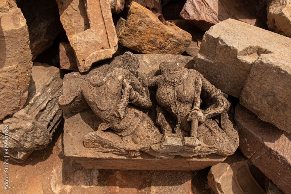 ancient destroyed ruined  statue of indian god at harsh mountain sikar,rajasthan