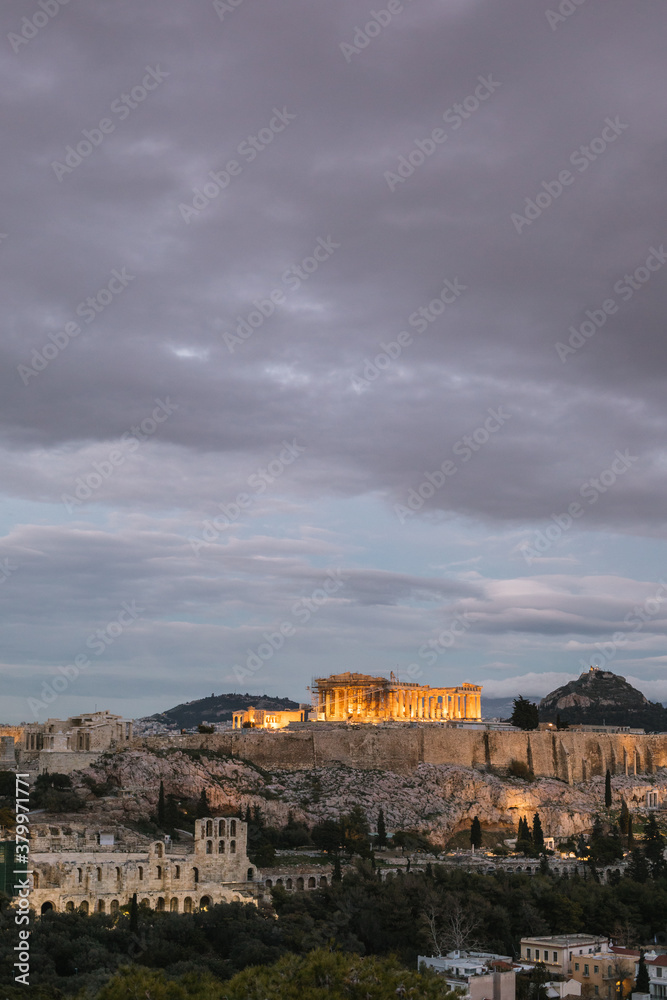 illuminated parthenon on the acropolis at sunrise