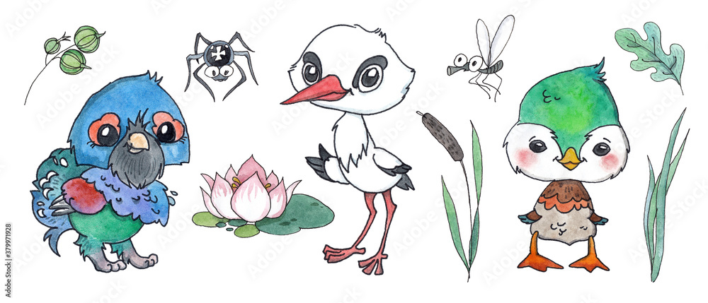 Fototapeta premium set of cartoon cute forest birds, insects and plants