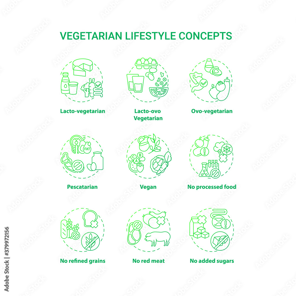 Vegetarian lifestyle concept icons set. No added sugars. Lacto ovo vegetarian eating plan. Types of vegetarian diets. idea thin line RGB color illustrations. Vector isolated outline drawings