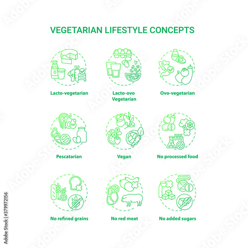 Vegetarian lifestyle concept icons set. No added sugars. Lacto ovo vegetarian eating plan. Types of vegetarian diets. idea thin line RGB color illustrations. Vector isolated outline drawings