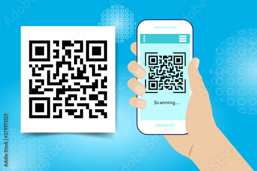image of a hand with a smartphone scanning a QR code on the screen. Cashless technology concept. Online payment, money transfer. Vector illustration. Flat style
