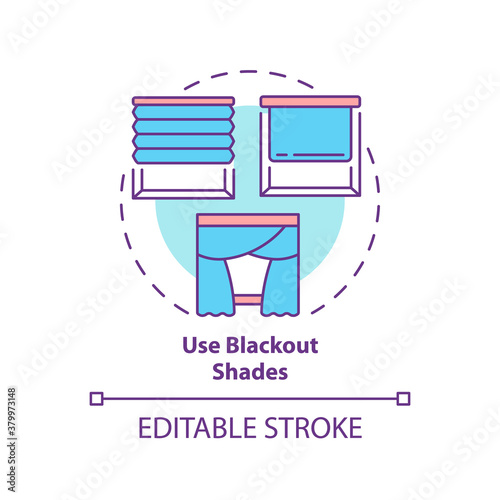 Use blackout shades concept icon. Better relaxation with avoiding light. Blinds on window. Sleep regulation idea thin line illustration. Vector isolated outline RGB color drawing. Editable stroke