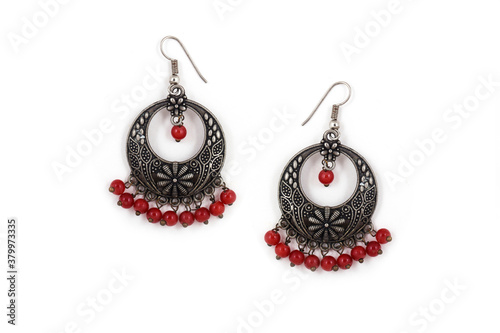 Silver Oxidized Earrings Ethnic Indian Style, Stylish With red Beads, Jhumka Earrings, Dangle Drop Stud Earrings