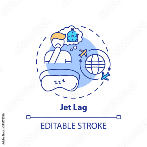Jet lag concept icon. Trouble with sleeping. International flight. Time zone change. Healthcare problem cause idea thin line illustration. Vector isolated outline RGB color drawing. Editable stroke