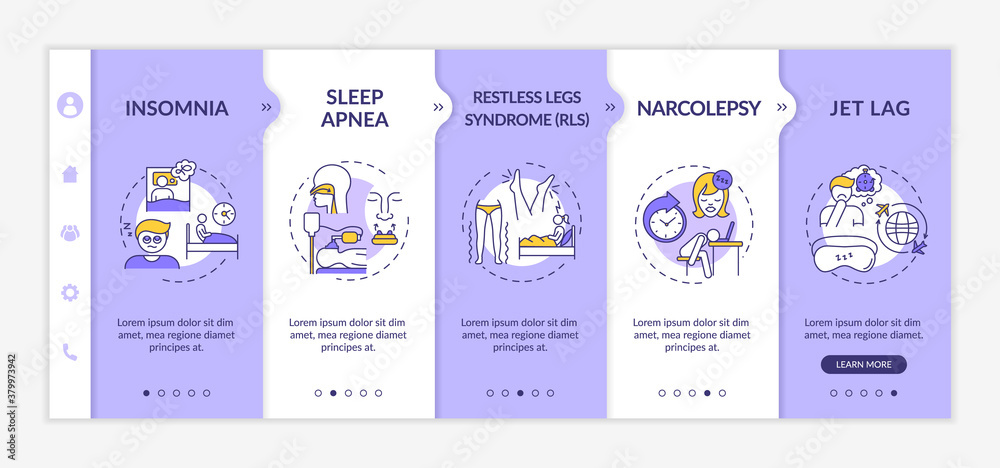 Insomnia types onboarding vector template. Sleep disorder symptom. Restless legs syndrome. Responsive mobile website with icons. Webpage walkthrough step screens. RGB color concept