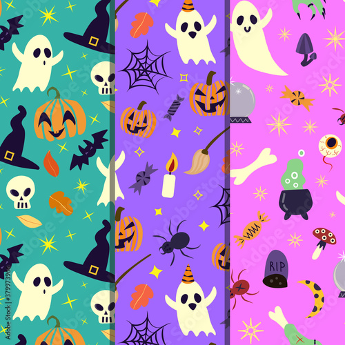 Fototapeta Naklejka Na Ścianę i Meble -  Halloween seamless pattern set design with ghost, skull, pumpkin,bat spider,cobweb and zombie hand.Halloween background 
