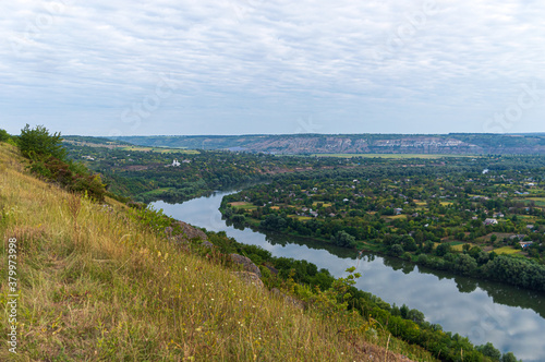 View of the Dniester River from the height of the rocks was made by tourists in summer.