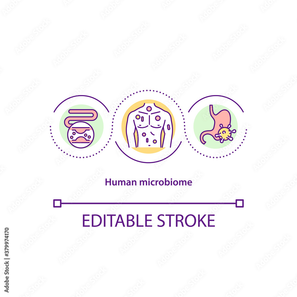 Human microbiome concept icon. Body microflora idea thin line illustration. Bacteria in digestive system. Intestinal sludge symptoms. Vector isolated outline RGB color drawing. Editable stroke