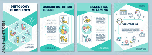 Dietology guidelines brochure template. Essential vitamins. Flyer, booklet, leaflet print, cover design with linear icons. Vector layouts for magazines, annual reports, advertising posters