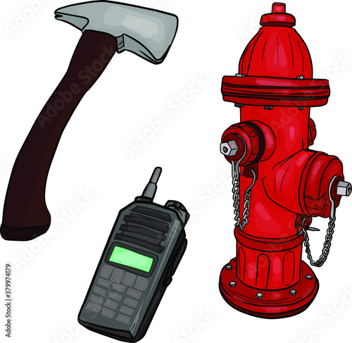 Vector illustration set fire hydrant, ax, walkie-talkie. Illustration of firefighters tools for printing on clothes, logos, prints, cards, wrapping paper, icon