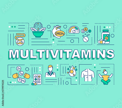 Multivitamins word concepts banner. Healthy lifestyle with supplements and vitamins. Infographics with linear icons on green background. Isolated typography. Vector outline RGB color illustration