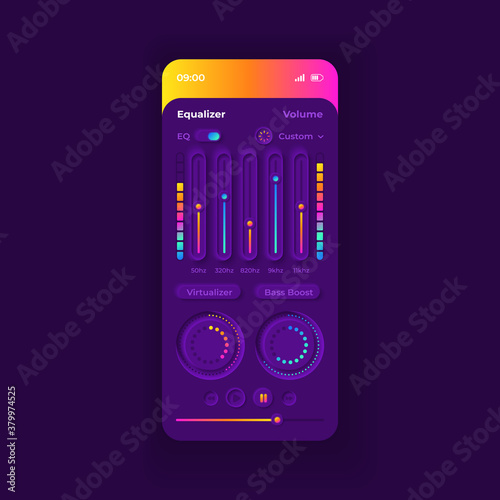 Equalizer theme smartphone interface vector template. Mobile app page purple design layout. Nightmode screen. Flat UI for application. Audio parametric setting Phone display