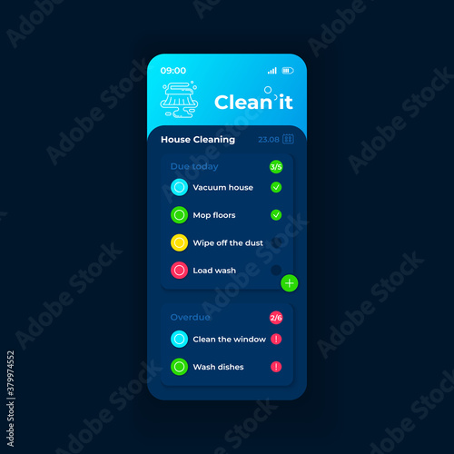 Housekeeping managing smartphone interface vector template. Mobile app page dark blue design layout. Clean chores screen. Flat UI for application. Nightmode theme Phone display