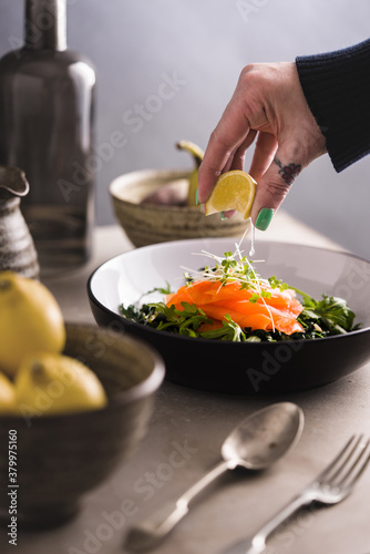 Smoked salmon and kale salad. photo