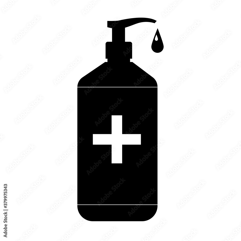 Hand sanitizer icon. Vector black and white illustration isolated on white background. Bottle with antiseptic Hand sanitizer icon. Vector black and white illustration isolated on white background. Bottle with antiseptic