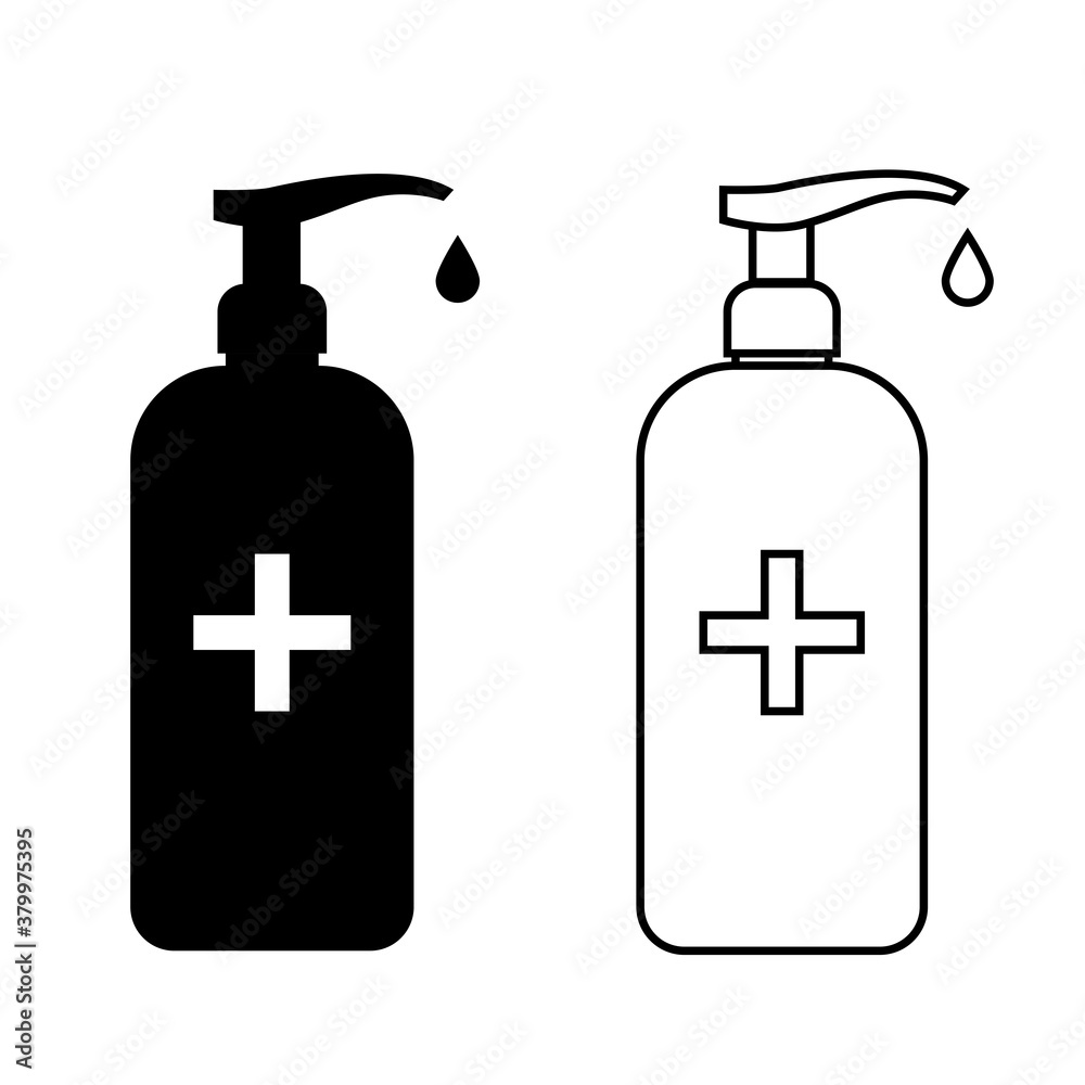 Vector hand sanitizer icon. Set of black and white antiseptics isolated on white background. Covid-19. Pandemic. Web icon. Liner print design Vector hand sanitizer icon. Set of black and white antiseptics isolated on white background. Covid-19. Pandemic. Web icon. Liner print design