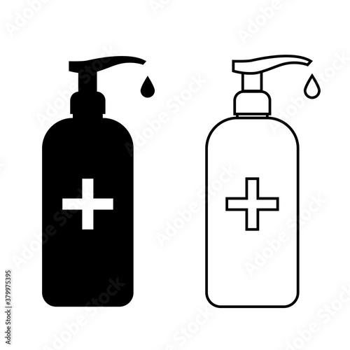 Vector hand sanitizer icon. Set of black and white antiseptics isolated on white background. Covid-19. Pandemic. Web icon. Liner print design